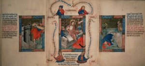 Reis 5 f.20 A Ressurreição, Sansão derrubando os portões de Gaza, Jonas escapando da baleia, da Biblia Pauperum, início do século XV (velino) de French School