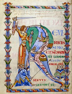Cavaleiro lutando contra o dragão - lettrine R (inicial), Miniatura do manuscrito "Moralia in Job", Morales sur Job de Saint Gregoire, da abadia de citeau de French School