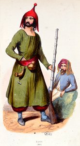 Guerreiros curdos, c.1840 (gravura a cores) de French School