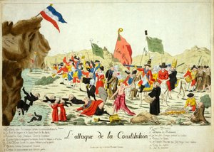 O Ataque à Constituição, pub. 1792 (gravura colorida à mão) de French School