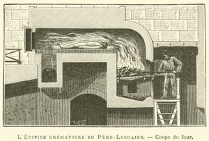 O edifício do crematório Pere-Lachaise, secção do forno (gravura) de French School