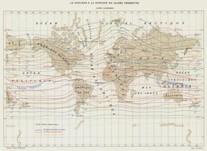 Calor à superfície da Terra, linhas isotérmicas (litografia a cores) de French School