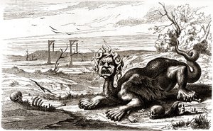 La Frond (1648-1653): animal monstruoso com pelo de serpente, que se encontra por cima de cadáveres e esqueletos humanos de French School