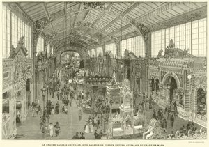 A Grande Galeria Central, conhecida como Galeria dos Trinta Metros, no Palais du Champ de Mars (gravura) de French School