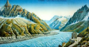 La Mer du Glace, Aiguille du Dru e Estação Montanvers, c.1900 (foto colorida) de French School