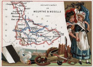 La Meurthe et Moselle (Meurthe-Et-Moselle, 54), Lorraine, França. Retrato de duas mulheres revolucionárias. Série sobre os Departamentos franceses. Chromolitografia (Chromo) "o fio geográfico", cerca de 1920. Colecção privada. de French School