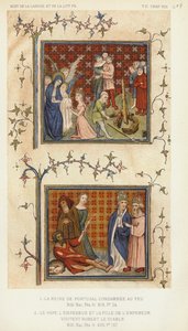 A Rainha de Portugal condenada à fogueira, o Papa, o Imperador e a filha do Imperador (litografia a cores) de French School
