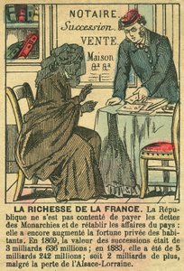La Riche de la France, ilustrando os benefícios da Terceira República no enriquecimento pessoal dos franceses. Gravura, em "Le Figaro, suplemento", em 30/03/1889, Paris. de French School