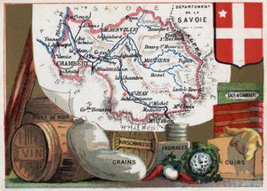 La Savoie (73), Rhone Alpes (Rhone-Alpes), França. Série sobre os Departamentos franceses. Especialidade local: óleo de nozes, vinho, grãos, kirschwasser (kirsch), queijo, gaze chambery e couro. Chromolitografia (Chromo) "o fio geográfico", cerca de 1920.  de French School