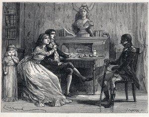 La Terreur durante a Revolução Francesa: Camille Desmoulins (1760-1794), preso, recebeu a visita de sua esposa Lucile (1770-1794) e do marechal Guillaume Brune (1763-1815). de French School