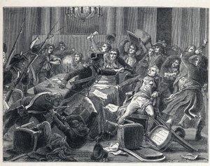 La Terreur durante a Revolução Francesa: prisão de Maximilian de Robespierre (1758-1794) e dos seus apoiantes reunidos no Hotel de Ville de Paris em 9 Thermidor ano II (27 de Julho de 1794). No centro, um gendarme disparou uma pistola contra Robespierre (1 de French School