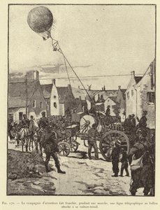 A companhia de aerostiers faz com que o balão preso ao seu carro atravesse uma linha telegráfica durante uma marcha (gravura) de French School