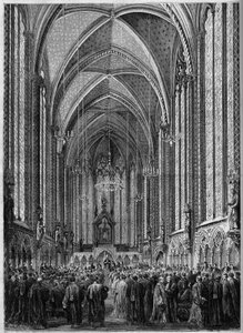 A missa do Espírito Santo, celebrada na Sainte Chapelle de Paris, por ocasião do retorno da magistratura, 3 de novembro de 1863. Gravura em "Le Monde Illustre" n°343 de 7 de Novembro de 1863. de French School