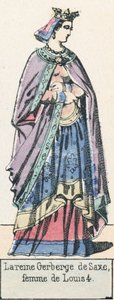 Rainha Gerberge da Saxônia, esposa de Ludwig 4 (gravura colorida) de French School