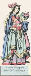 Rainha Hildegard, esposa de Carlos Magno (gravura colorida) de French School