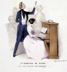 La romance de salon: homem cantando acompanhado ao piano por uma mulher, por Lonsay, c. 1845. de French School