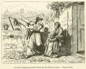 La sorciere Calpurnia persuade a Nuccia que Meo Patacca la trahit (gravura) de French School