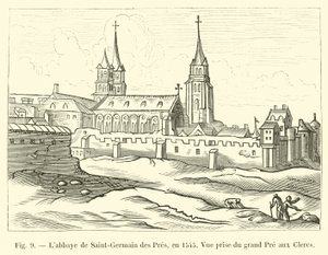 Saint-Germain des Pres Labbaye, em 1545, vista do grande Pre aux Clercs de French School