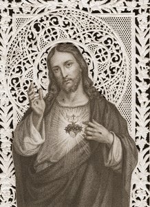 Cartão de renda representando o sagrado coração de Jesus, século XIX (bw litho) de French School