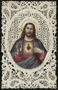 Cartão de renda retratando o sagrado coração de Jesus, século XIX de French School