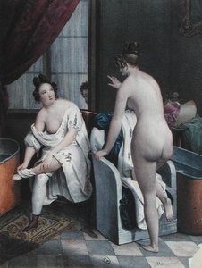 Ladies Taking a Bath, c.1840 (cor litho) de French School