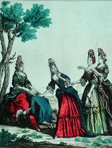 Senhoras jogando jogo de adivinhação com um cavalheiro, segunda metade do século XVII (gravura a cores) de French School