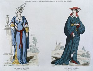 Senhora em 1498 sob o reinado de Carlos VIII (1470-98), nobre em 1395 sob o reinado de Carlos VI (1380-1422), de trajes civis e militares dos franceses através dos séculos (cor lith de French School