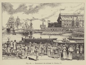Lançamento do navio de guerra Nicolas I (gravura) de French School