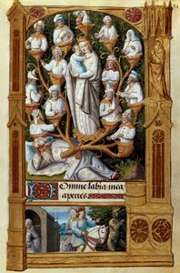 "A árvore de Jesse" Jesse, pai de David, jaz por baixo, acima dos seus descendentes. Miniatura da escola francesa do século XV. Madrid, Biblioteca Nacional de French School