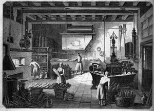 Grandes indústrias francesas no século XIX: Electrodomésticos Drouot para panificação. Fournil de M. Courcier, rue Saint Maur em Paris. Em "Le Monde illustrious", 1862. de French School