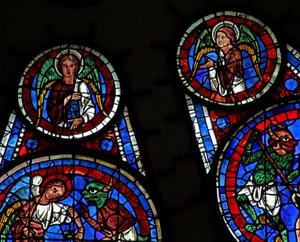 Juízo Final: Anjo de São Mateus e outro anjo acima de demônios que reivindicam almas (w143) de French School