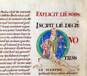 Último julgamento de Cristo acolhendo a letra "Q" (lettrine) de Job. Miniatura do manuscrito "Moralia in Job", da abadia de Citeaux de French School