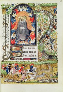 Lat 1156 B f.163 de novembro; Caça ao veado, das Horas de Marguerite dOrleans, 1426-38 de French School
