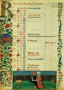 Lat 1173 f.2v de abril; Dois amantes sentados ao ar livre, por Robinet Testard, das Horas de Carlos de Angoulême de French School