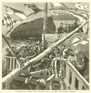 Lançamento do navio de guerra russo Imperador Aleksandr III (gravura) de French School