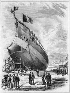 Lançamento do navio blindado "La Galissonniere", 7 de Maio de 1872 no porto de Brest, Finistere (29). Gravação no "Le Monde Illustré" n°789 de 25 de Maio de 1872. de French School