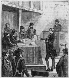 O julgamento de Lavoisier - Antoine Laurent de Lavoisier (1743-1794), químico francês perante o tribunal revolucionário - Gravura em "Sciences à la gratete de tous - physics et chimie populaires" de Alexis Clerc - Final do século XIX - Colecção privada de French School