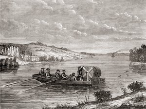 Colocação de um cabo telegráfico sob um rio americano c.1860, de Les Merveilles de la Science, publicado c.1870 (gravura) de French School