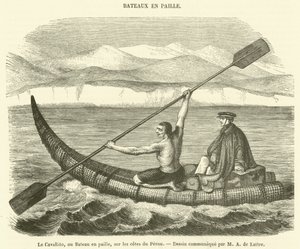 O Cavallito, ou barco de palha, na costa do Peru (gravura) de French School