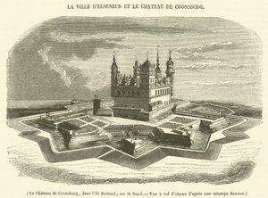 O castelo de Cronsborg, na ilha de Seeland, no Sund, vista aérea (gravura) de French School