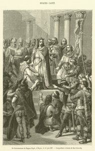 A Coroação de Hugues Capet, em Noyon, 1 de Junho de 987 (gravura) de French School