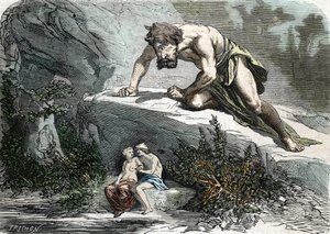 "Le Cyclops Polypheme surprising Galatee et Acis" (gravura) 1864 de French School