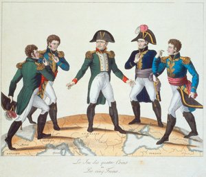 O jogo dos quatro cantos ou Os cinco irmãos, Bonapartist cartoon representando Napoleão e seus irmãos, 1808 de French School