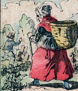 Le Pere Fouettard, personagem francês do pai chicoteador, figura lendária do folclore que castiga as crianças marotas: sua esposa, La Mere Fouettard, a mãe chicoteadora que persegue as crianças que faltam à escola - Quadro epinal de French School
