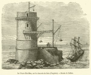 O farol Ar-Men, na chaussee de Sein, Finistere (gravura) de French School