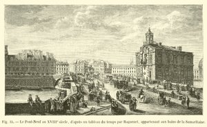 O Pont-Neuf no século 18, a partir de uma pintura do tempo por Raguenet, pertencente aos banhos da Samaritaine de French School