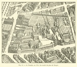 O templo, em 1734; fac-símile do plano de Turgot de French School