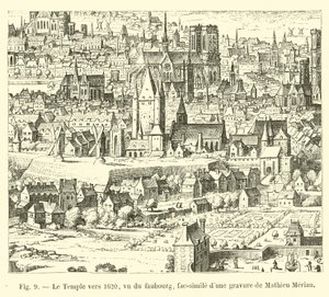 O templo por volta de 1620, visto do Faubourg, fac-símile de uma gravura por Mathieu Merian de French School