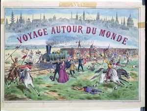 Le Voyage Autour du Monde, capa de uma caixa para um jogo baseado em Volta ao Mundo em 80 Dias por Jules Verne (1828-1905) de French School