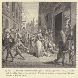 A partida dos comediantes italianos, após o encerramento, por ordem do rei, do teatro da Comédia-Italienne, 4 de maio de 1697 (gravura) de French School